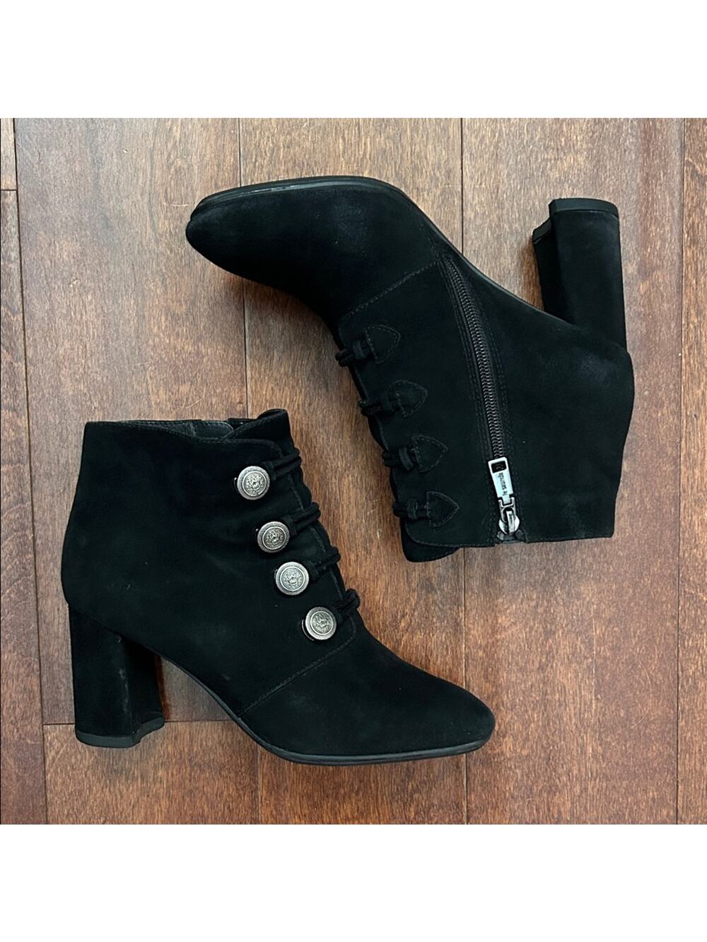 Le Saunda Black Heeled Suede Boots with Military Button Details, Size 6 (36/230)